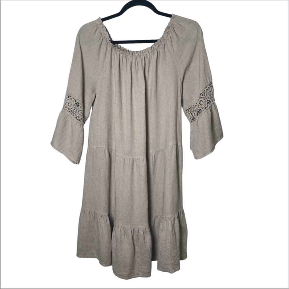 Terzo Millennio Women’s Tan 100% Linen Off/On Shoulder Tiered Dress Italy M